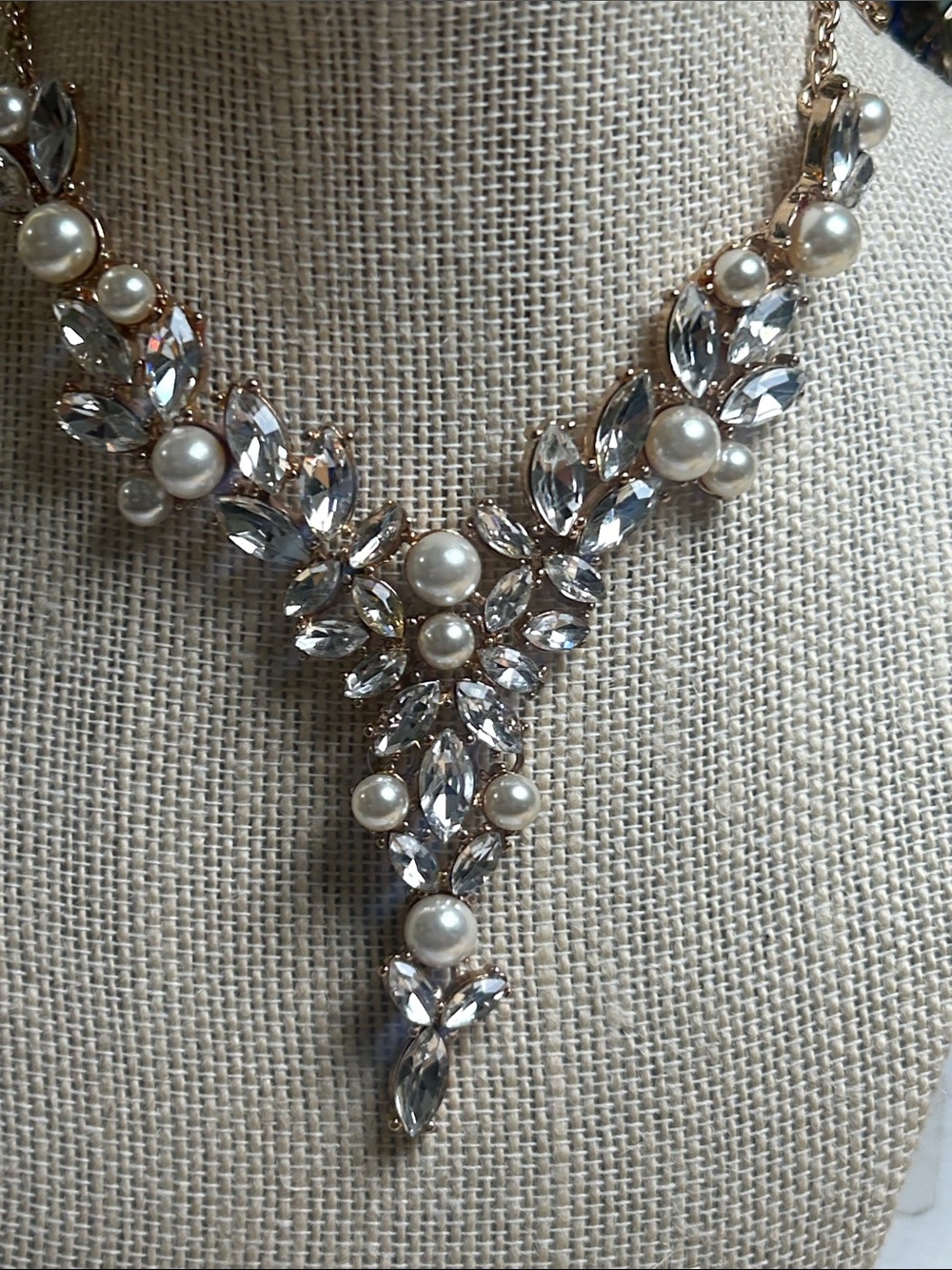Crystal and Pearl Statement Necklace - Gold Tone